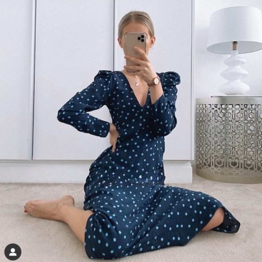 Zara Puff Shoulder Polka Dot Midi Maxi Dress Blue Size Large - Picture 2 of 10